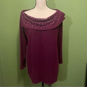 Elegant Burgundy Women's Sweater with Pearl Accents